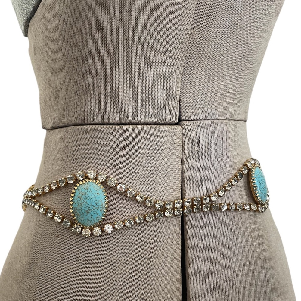 Vintage Juliana Delizza & Elster D&E Rhinestone Turquoise Gold Belt - Picture 12 of 13
